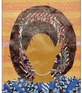 Abstract portrait with colorful patterned background.