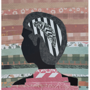 Silhouette on colorful patterned background.
