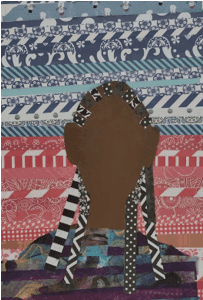 Collage portrait with colorful patterned background.