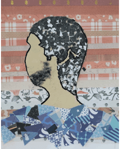 Silhouette collage with patterned background and clothing.