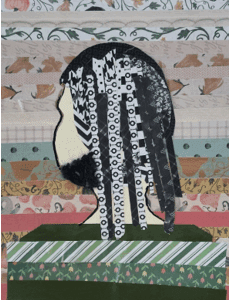 Abstract portrait with patterned background and hair.