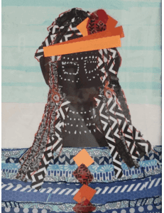 Abstract portrait with patterns and geometric shapes.