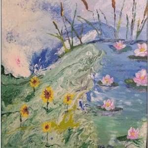 Abstract nature scene with flowers and water.