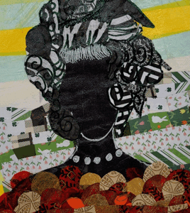 Abstract silhouette with colorful, patterned background.