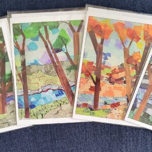 Four colorful mosaic landscape art pieces.