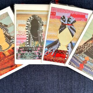 Colorful abstract portraits on greeting cards.
