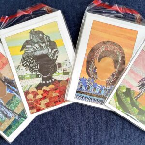 Four colorful portrait cards on display.