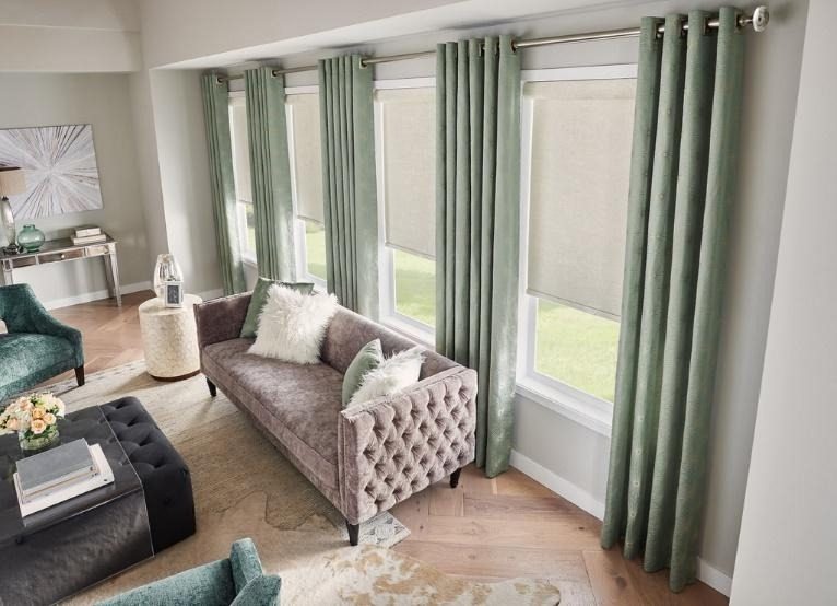 Elegant living room with green curtains.