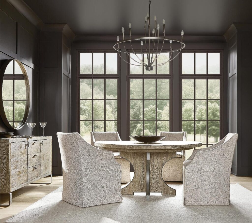Elegant dining room with large windows.