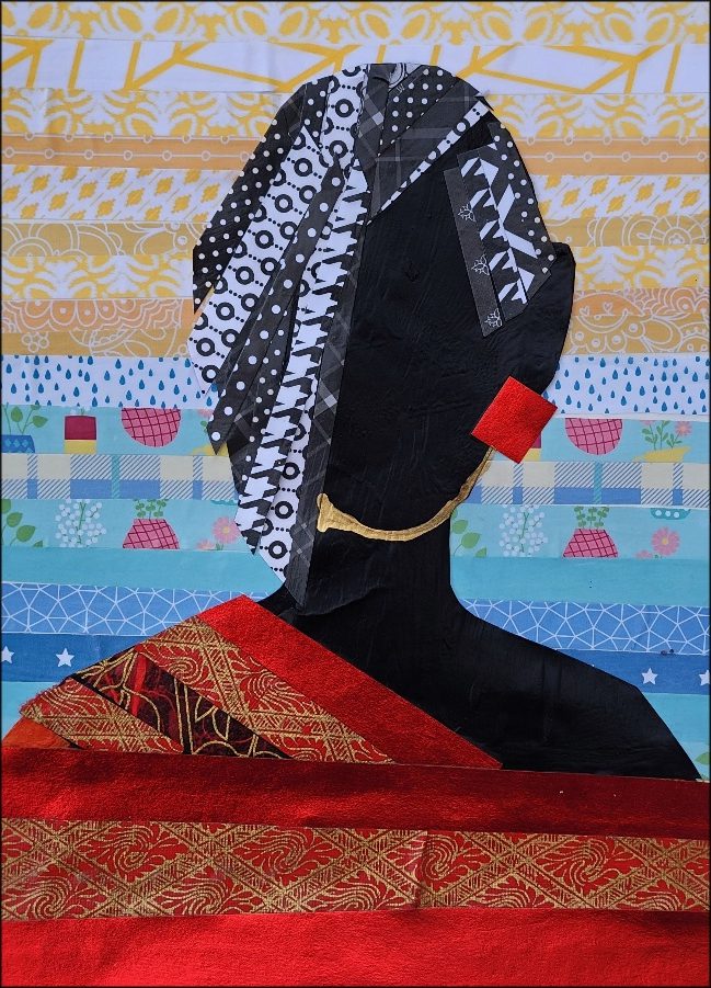 Silhouette of a woman in colorful patterns.