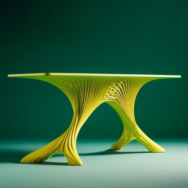 Futuristic green table with intricate design.